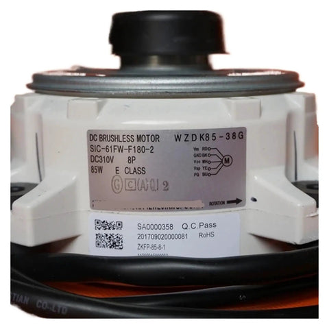 WZDK85-38G Brushless DC Fan Motor For Air Conditioning Units top view showing specifications and connection details.