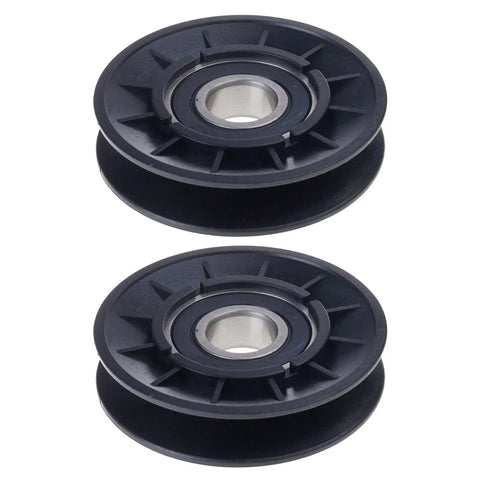 Slick V Idler Pulley Kits That Fix Your John Deere Grass Mower Badly Worn Flat Spools For Models Like LA115 LA135 LA165 And D110 Heavy Duty Gear, two black pulleys