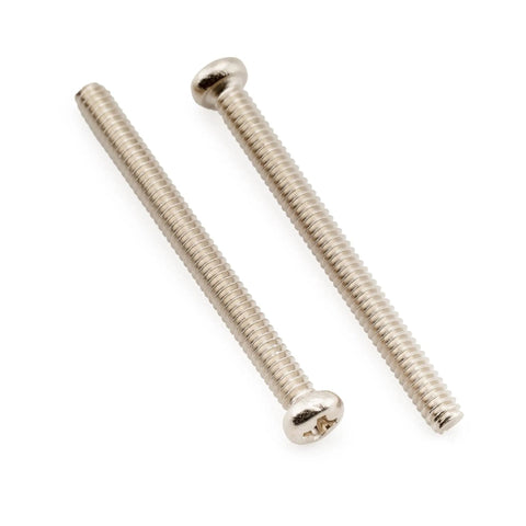 Heavy Duty Stainless Steel Humbucker Pickup Screws With Nickel Finish Twenty Pack showing pan head Phillips screws side view.