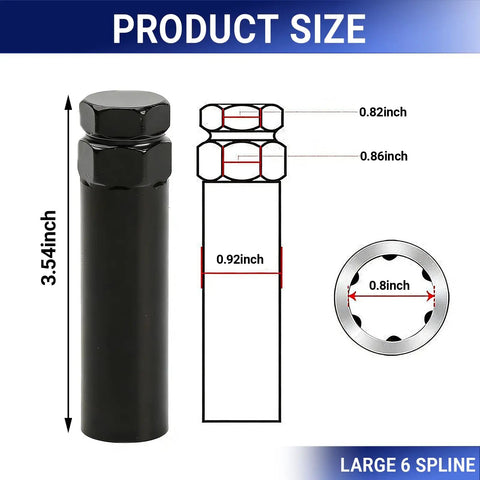 Size diagram for Go To Heavy Duty Large 6 Spline Lug Nut Socket For Wheel Lock Removal And Key Replacement