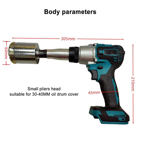 GFJYKDL Cordless Electric Oil Drum Sealer, Automatic Crimper Tool For 200L Barrels with small pliers head and size indicators.