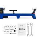 Side view of blue benchtop wood lathe 14 x 40 with 400W motor and four-speed control; includes hardware kit and wrenches