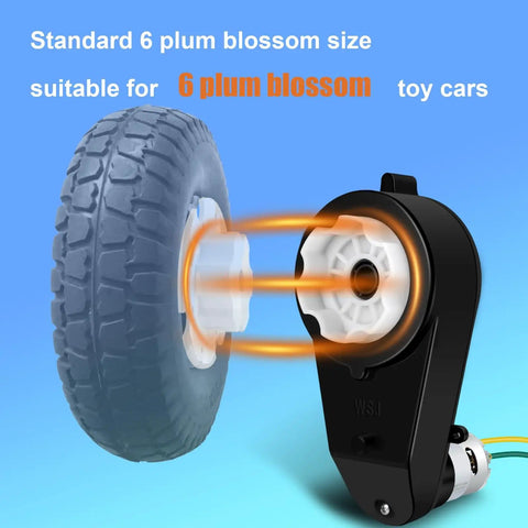 24V Power Wheels Upgrade Motor With 50000RPM RS555 Gearbox High Speed Steel Gears for kids ride on cars conversion kit showing wheel and gearbox compatibility.