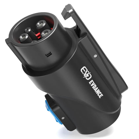 Portable Nacs To J1772 Charging Adapter With 80 Amp 250 Volt Rating featuring a sleek black design and multiple connection ports.