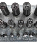 Top view of 28 Piece Pro Grade Steel Transfer Punch Set for Quick Precise Marking and Punching, sizes 3/32 to 1/2 inch on metal holder.