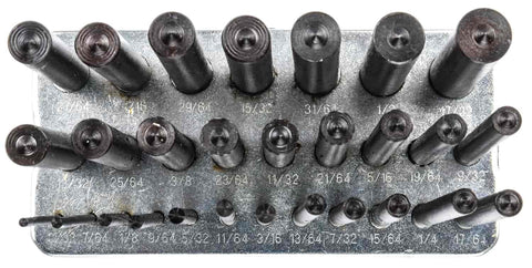Top view of 28 Piece Pro Grade Steel Transfer Punch Set for Quick Precise Marking and Punching, sizes 3/32 to 1/2 inch on metal holder.