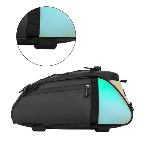 Side view of Rear Rack Bike Bag 12L Water-Resistant Trunk Pannier With Reflectors, close-up on attachment strap, black color