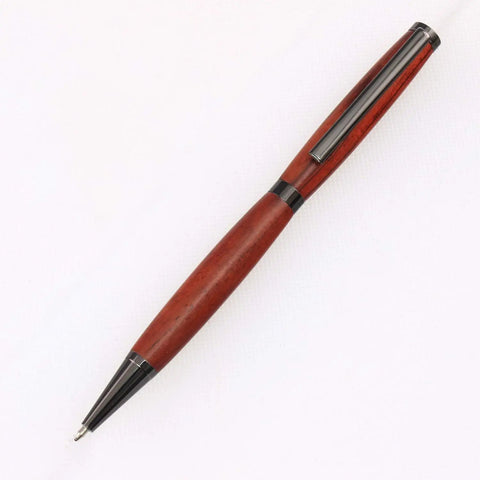 Custom ballpoint pen made from red wood with black metallic accents, part of the Premium Slimline Pen Turning Kit With 10 Pack Assorted Fly Metallic Finishes Including Gold Black Chrome Gun Metal And Copper Plus Cross Style Refills For Crafting Dope Custom 7mm Ballpoint Pens.