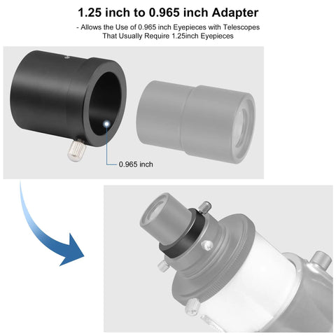 1.25 Inch to 0.965 Inch Eyepiece Adapter for 24.5mm to 31.7mm Telescopes, All Metal Aluminum Construction diagram shown