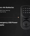 Keyless Entry Door Lock With Electronic Keypad Deadbolt features 4 AA batteries, emergency USB power supply for reliable access.