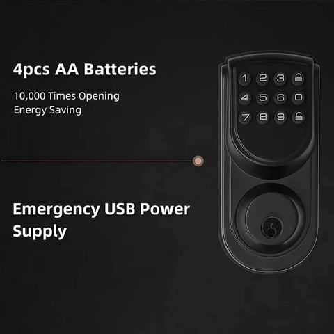Keyless Entry Door Lock With Electronic Keypad Deadbolt features 4 AA batteries, emergency USB power supply for reliable access.
