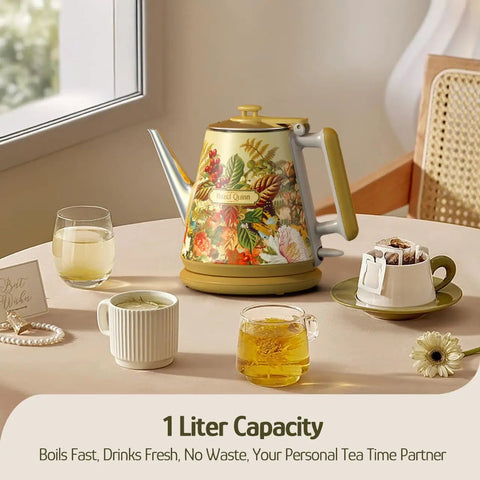 Retro 1L Electric Kettle Cordless 800W Fast Boil Double Wall 304 Stainless Steel BPA Free Auto Shut Off on table with tea setup
