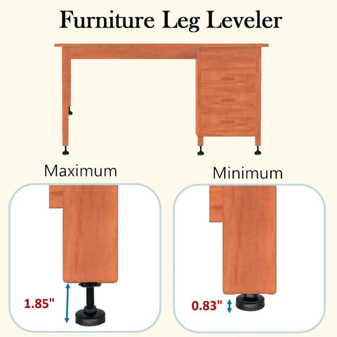 Heavy Duty Adjustable Leveling Feet 4 Pack With Three Eighths Inch 16 UNC Threads Leg Levelers under desk showing height adjustment.