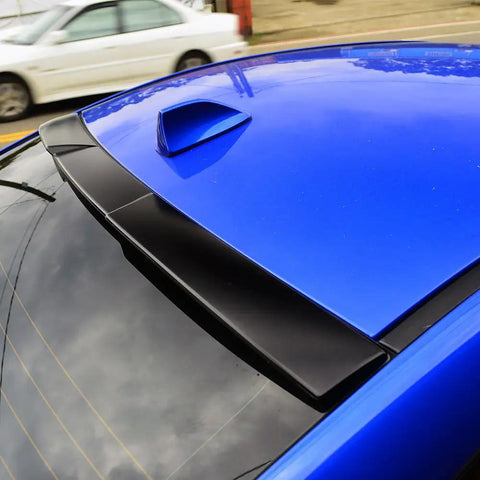 Subaru WRX STI Roof Spoiler V Style Unpainted Black ABS Rear Wing for 2015-2021 Models installed on blue car