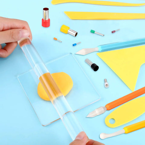 Hands using acrylic roller from 57 Piece Polymer Clay Tools Set With Acrylic Roller, Sheets, Scrapers, 12 Modeling Tools And 40 Stainless Steel Round Cutters For Your DIY Clay Crafting And Ceramics
