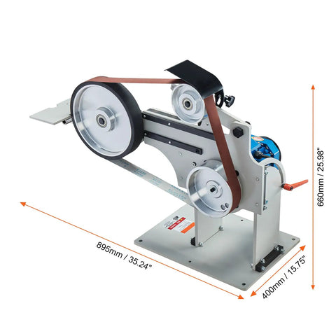 Heavy Duty 1500W Belt Grinder Sander And Variable Speed Belt Polisher With Vfd Drive No Sweat Knife Sharpener Rack For Metalworking Sixty By Two Inch Belts Ready To Roll with detailed belt setup and dimensions.