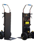 Heavy Duty Electric Stair Climber Cart With Removable Battery For Easy Single Person Lifting Of Patients Or Heavy Gear Inside Tight High Rise Buildings Without Breaking A Sweat And Making Moves Like A Pro, side view with steel frame.