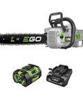 Cordless 18 Inch Chainsaw With 56V 6.0Ah Battery And Charger Included, High Power Brushless Motor displayed with battery and charger