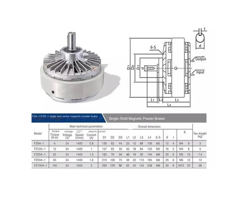 Magnetic Powder Brake FZ50A-1 5Kg Single Axis Go-To Workhorse For Industrial Equipment with technical specifications chart