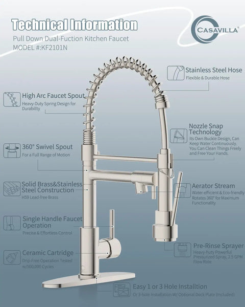 RV Kitchen Faucet With Soap Dispenser And Pull Down Sprayer, brushed nickel finish, technical features diagram