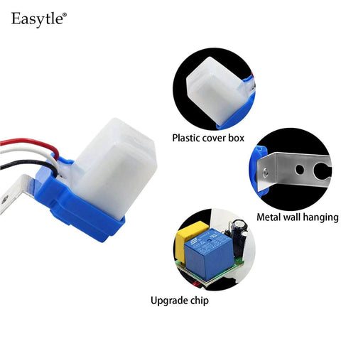 2 Pack 12V AC DC Auto On Off Photocell Light Switches Dusk To Dawn Sensor detail view with plastic cover, metal hanging, and chip