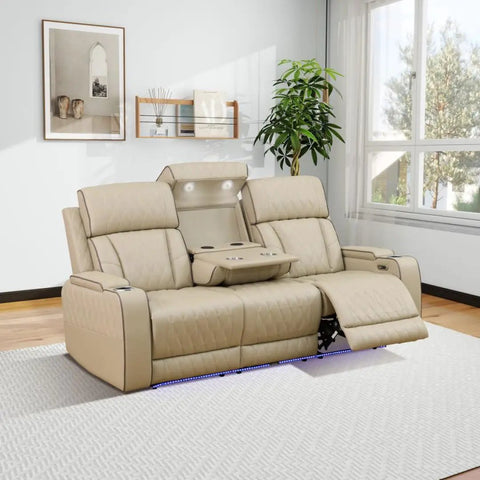 Power Recliner Sofa Set With LED Lighting And USB Charging Leather Sofa With Built In Storage Console And Cup Holders