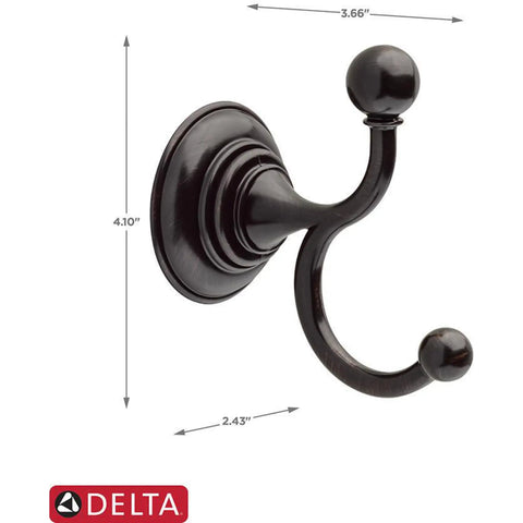 Providence Double Towel Hook In Venetian Bronze With SpotShield Technology, 4.10 x 2.43 x 3.66 inches, wall-mounted bathroom hardware.