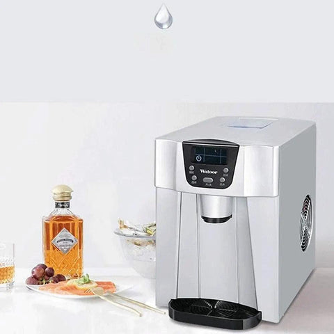 Top Tier 9.5 KG Automatic Stainless Steel Ice Cube Maker Machine Countertop with whiskey and snacks ready for a party setting.