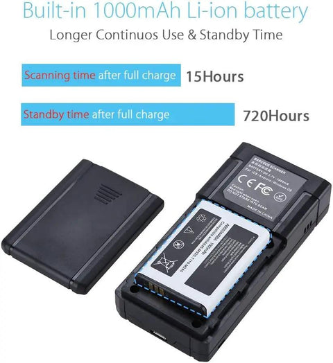 Back view of Grab And Go Portable Bluetooth Barcode Scanner With 3 In 1 Connection USB Wired 2.4G Wireless And Bluetooth, showing battery specs.