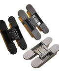 Invisible Concealed Hinge For Exterior Solid Wood Doors, Adjustable After Installation, black and silver hardware