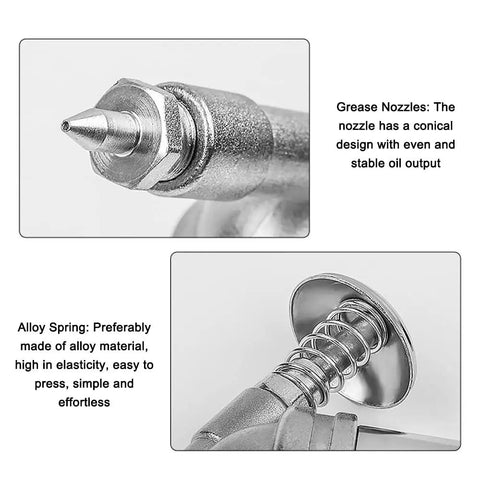 Lightweight 80cc Manual Grease Gun Handheld High Pressure Filler For Auto And Excavator close-up of nozzle and alloy spring