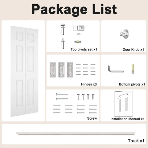 Package contents for 36 Inch By 80 Inch Bifold Barn Door With 6 Panels, White Primed Hollow Core Interior Door Ready To Paint