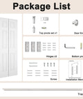 Package contents for 24 Inches By 80 Inches Bifold Barn Door With Hardware Kit, White Primed 6 Panel Hollow Core Interior Closet Door.