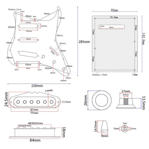 Blueprint of ST Style Electric Guitar DIY Kit With Prewired Pickguard, Bridge And SSS Pickups, No Soldering Design, dimensions shown