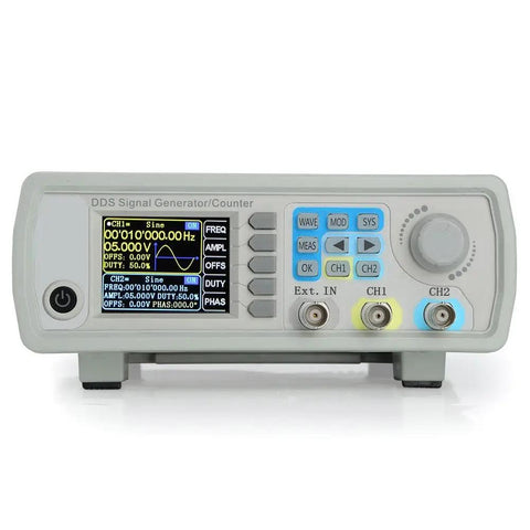 Heavy Duty Kickass Dual Channel DDS Signal Generator Frequency Counter with screen and controls for electronics debugging.