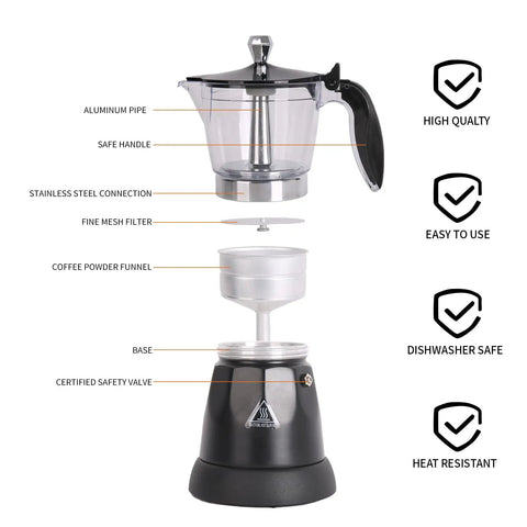 Exploded view of Cuban Style Espresso Maker For Home Or Travel On The Go, 6 Cup Or 3 Cup Electric Moka Pot with detachable base.