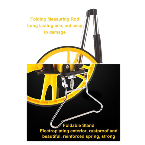 Distance Measuring Wheel Ergonomic Folding Design with Digital Display showing yellow wheel and foldable stand details.