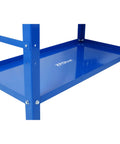 Heavy Duty Steel Welding Table On Wheels With 1200 Pound Capacity And Precision Fixture Holes showing blue steel frame and durable casters.