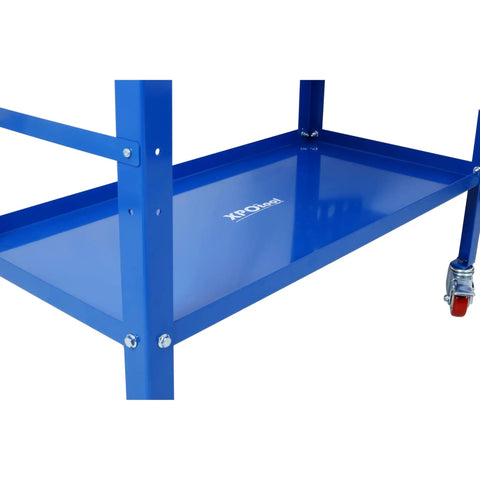 Heavy Duty Steel Welding Table On Wheels With 1200 Pound Capacity And Precision Fixture Holes showing blue steel frame and durable casters.