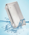 IP67 Waterproof Outdoor Junction Box With Secure Plastic Latch Rock Solid ABS Electrical Enclosure Built Tough As Nails For DIY Wiring And Utility Projects 7.9 X 3.9 X 2.8 Inches in water splash effect.