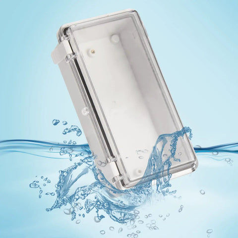 IP67 Waterproof Outdoor Junction Box With Secure Plastic Latch Rock Solid ABS Electrical Enclosure Built Tough As Nails For DIY Wiring And Utility Projects 7.9 X 3.9 X 2.8 Inches in water splash effect.