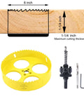 6-inch bi-metal hole saw with 3/8 in hex shank arbor; yellow cutter with drill bit and hex key