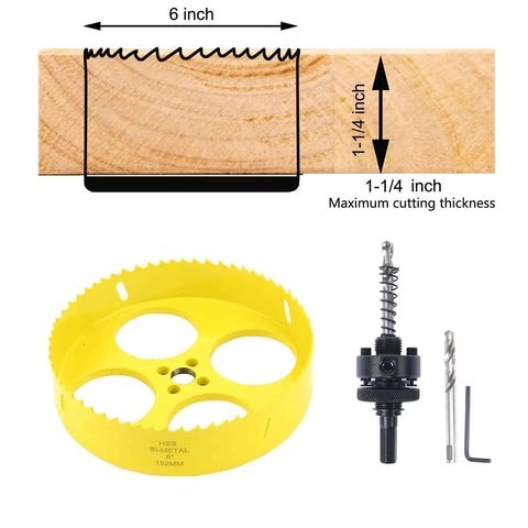 6-inch bi-metal hole saw with 3/8 in hex shank arbor; yellow cutter with drill bit and hex key