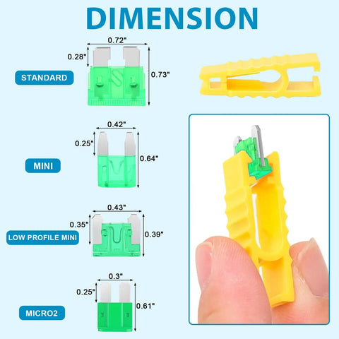 Keep Your Daily Driver Running Smooth With This Nifty 408 Piece Standard Mini And Micro2 Blade Fuse Assortment Kit Featuring Slick Color Coded Replacement Fuses For Fast Fixes On Cars Trucks Rvs And Boats With Puller, showing dimensions of standard, mini, low profile mini, and Micro2 blade fuses.