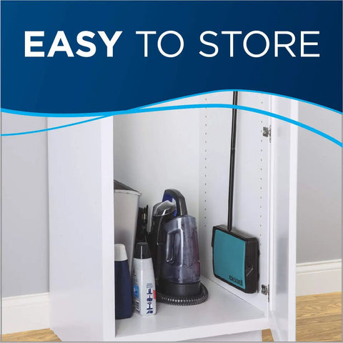 Super Lightweight Cordless Floor Sweeper With Dual Bottom Dump Bins For Snap Up Messes And Dust Clumps On Hardwood Tile And Area Rugs Compact Push Broom Cleaner In Teal stored in a white cabinet with other cleaning supplies.