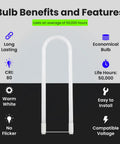 U-Bend LED Tube Light 15W T8 Replaces 32W Fluorescent U-Bend, 2100 Lumens Cool White 4000K features benefits chart