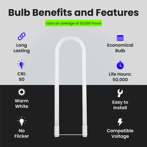U-Bend LED Tube Light 15W T8 Replaces 32W Fluorescent U-Bend, 2100 Lumens Cool White 4000K features benefits chart