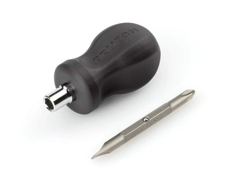 3-In-1 Stubby Multi-Bit Driver With Phillips And Slotted Bits, 1 Quarter Inch Shank 1 Nut Driver Bit Tube on white background