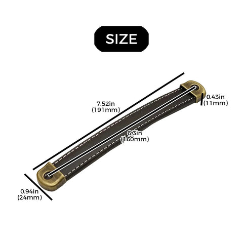 Three Piece Leather Wrapped Drawer And Cabinet Handles Set In Brown Zinc Alloy Finish, dimensions labeled, retro wardrobe handles