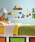 Nintendo New Super Mario Bros Build A Scene Peel And Stick Wall Decals set on a bedroom wall above the bed.